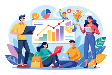 A group of students engages with charts and graphs while studying business concepts together People studying business graphs on charts.