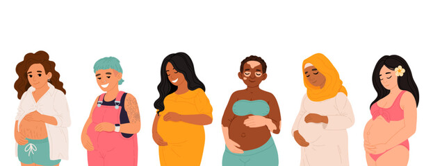 A beautiful illustration of diverse pregnant individuals showcasing inclusivity, motherhood, and strength in different cultures and identities