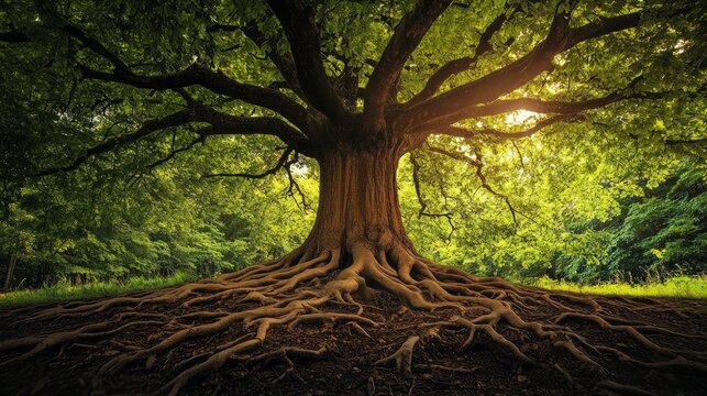 Thick branches of chestnut tree, composition from branches to roots
