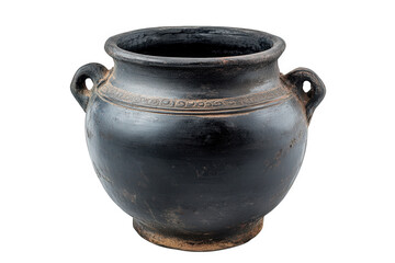 a black clay pot with two handles and a rounded body the pot has a decorative pattern around the rim