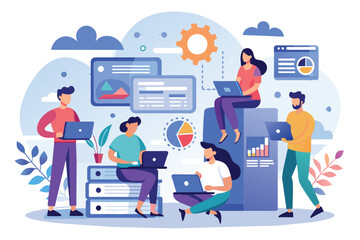 A diverse group of people uses laptops to manage and analyze data in a bright, illustrated setting People use laptops to manage data with a flat illustration.