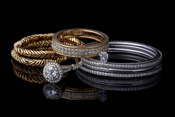 A close-up top view of an arrangement of gold and silver jewelry, including a solitaire diamond ring, diamond-studded bangles
