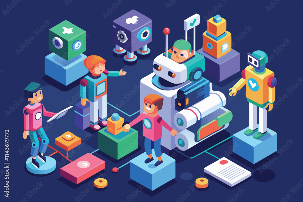 Poster users engage with various customizable robots in a vibrant isometric setting filled with technology 