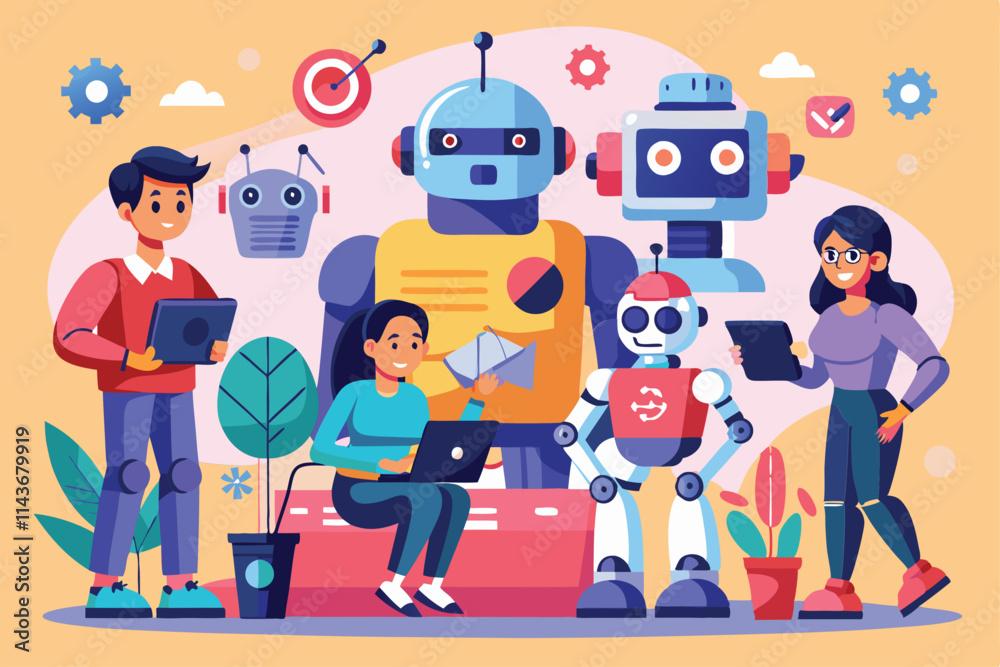 Poster groups of individuals engage with various customizable robots while collaborating in a vibrant flat 