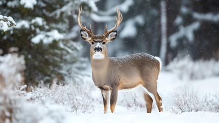 Majestic White tailed Deer in Snowy Forest. Wildlife, Winter, Nature
