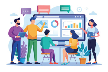 A group of professionals gathers around a large screen, discussing project details together People viewing a project on a big screen, flat illustration.