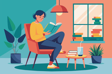 A person sits comfortably in a chair, reading a book while enjoying a refreshing drink Person sitting in a chair, reading a book