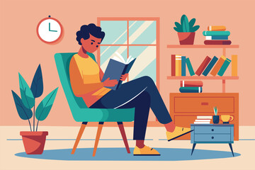 A reader enjoys a book while sitting in a chair, surrounded by plants and shelves filled with books Person sitting in a chair, reading a book