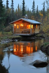 Fototapeta premium Illuminated Log Cabin by Tranquil River at Dusk