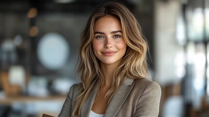 Obraz premium Businesswoman standing confidently holding a folder and smiling in a professional suit on a transparent background