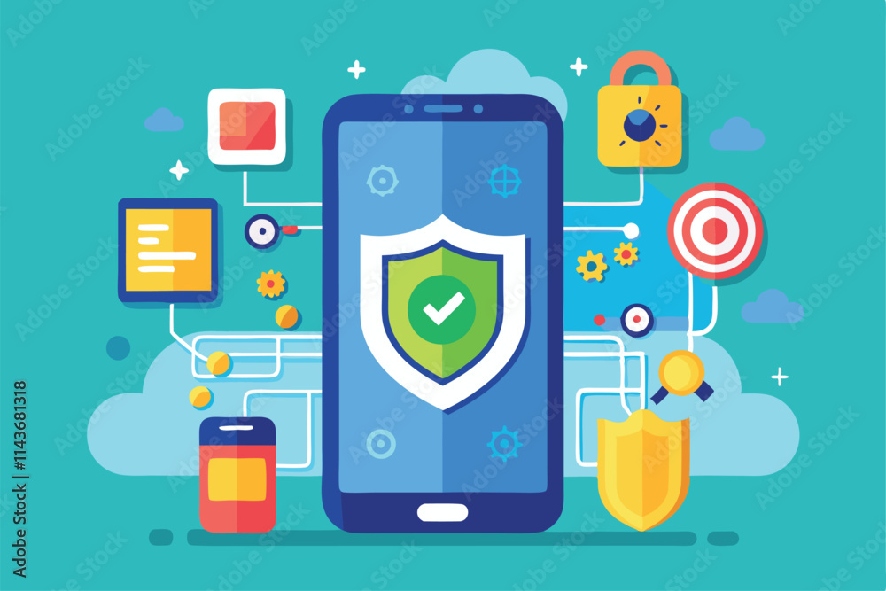 Poster a smartphone displays a shield symbol, emphasizing security features designed to protect user data o