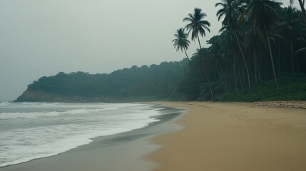 Misty Beach Scene With Palm Trees And Rolling Waves