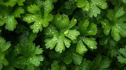 Lush green parsley leaves with water droplets.