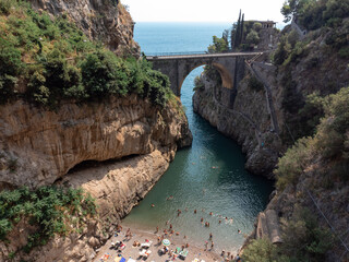 Aerial View of Fiordo di Furore on the Amalfi Coast - Iconic Bridge, Crystal-Clear Blue Sea,...