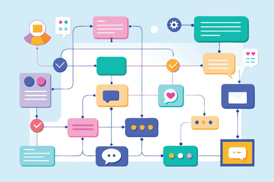 This flowchart showcases various message communication pathways used in user interactions, featuring colorful symbols Popular message flowcharts with simple illustrations.