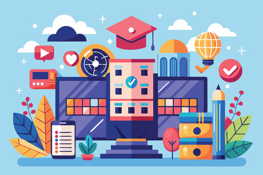 A vibrant depiction of a multimedia school featuring modern design elements and engaging educational symbols Popular multimedia school with trendy, minimalist illustrations.