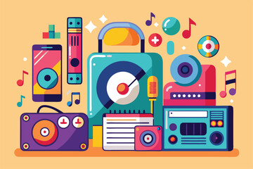 A vibrant arrangement of musical gadgets, featuring a portable speaker, smartphone, and vinyl records Popular music media, simple illustration