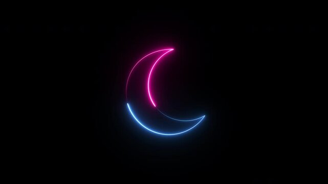 Blue and pink colorful crescent icon neon animation. crescent icon neon lite.