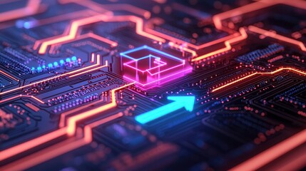 Obraz premium Abstract Circuit Board with Neon Lights and Directional Arrow