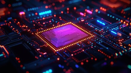 Obraz premium Futuristic Circuit Board with Colorful Neon Lights and Chips