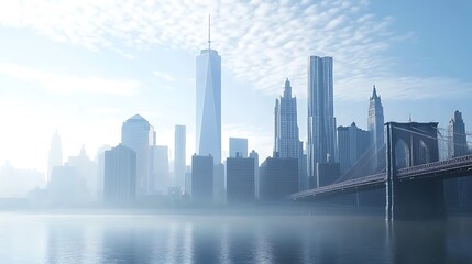 Naklejka premium A misty skyline view featuring tall buildings and a bridge over water.