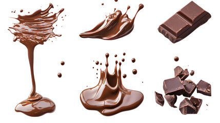 Set of liquid chocolate in various flowing forms, isolated on white