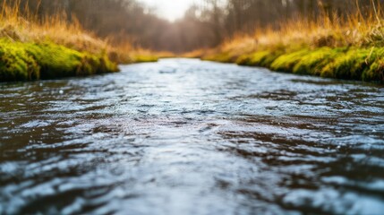 Obraz premium Tranquil Stream Surrounded by Lush Grass at Sunset in Nature