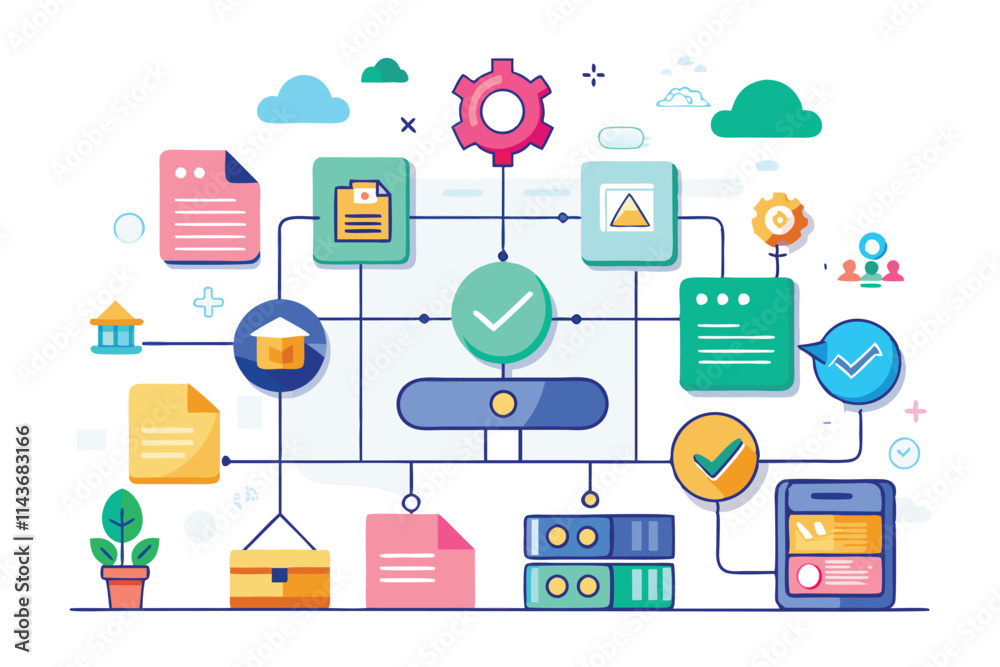 Poster a colorful diagram visualizes customizable project organization and workflow management project orga