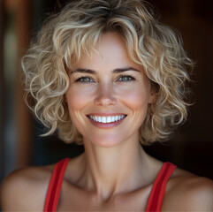 Naklejka premium beautiful woman, 40 year old, curly hair, blond hair, short hair, dimples when she smiles, hazel Colors eyes, smiling, white theeth, background blur, red tank top