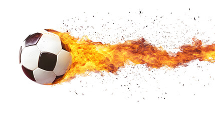 Soccer ball in motion with burning flames trailing behind, isolated on white