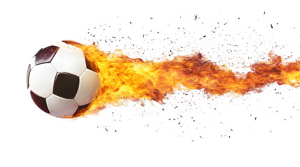 Soccer ball in motion with burning flames trailing behind, isolated on white