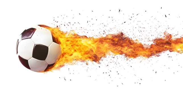 Soccer ball in motion with burning flames trailing behind, isolated on white