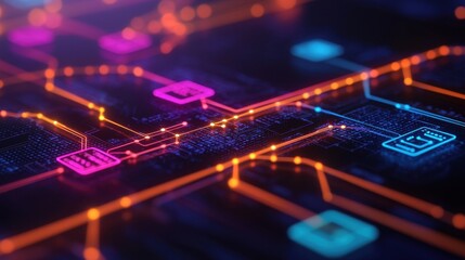 Futuristic Abstract Technology Network with Neon Lights and Patterns