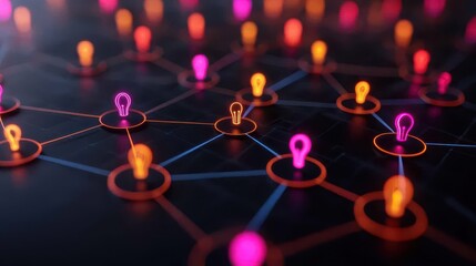 Colorful Network Connections with Light Bulbs on Dark Background