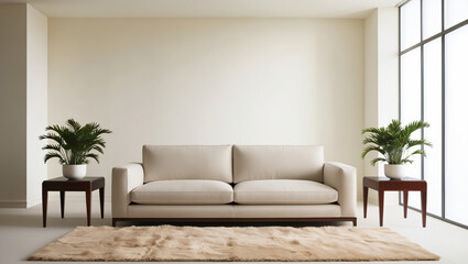 Modern minimalist and sleek, a contemporary living room interior design featuring a neutral beige sofa with clean-lined silhouette, situated against a backdrop of soft, diffused daylight