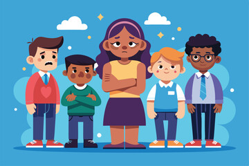 A group of children shows various emotions related to bullying, highlighting racism and exclusion Racist bullying illustration, customizable and flat.