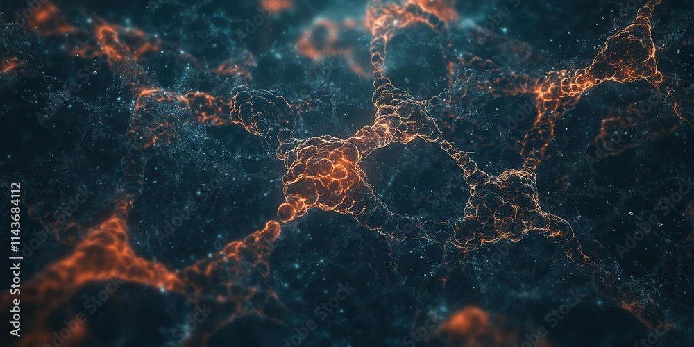 Poster A visually striking abstract image featuring intricate, glowing networks against a dark background, evoking a sense of cosmic depth and complexity.
