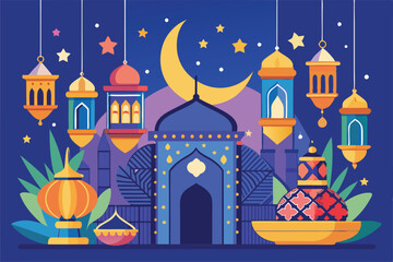 Fototapeta premium The artwork displays colorful lanterns and a crescent moon above a beautifully designed mosque during Ramadan Ramadan flat drawing