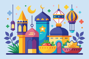 Fototapeta premium A vibrant drawing showcases decorative elements for Ramadan, including lanterns and moons against a pastel background Ramadan flat drawing