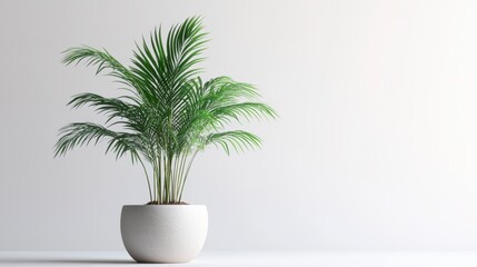 Fototapeta premium Kentia Palm in White Pot Against White Wall - Minimalist Home Decor