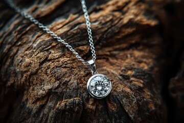 Fototapeta premium A round-cut diamond pendant necklace with a silver chain, elegantly displayed on rustic wooden bark
