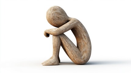Sad Wooden Figure Sitting, Isolated on White