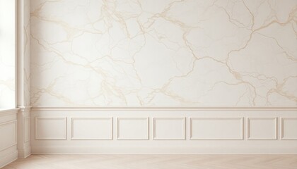 Luxurious Marble Living Room Wallpaper with soft marble textures and gold accents. The skirting boards are painted in beige.