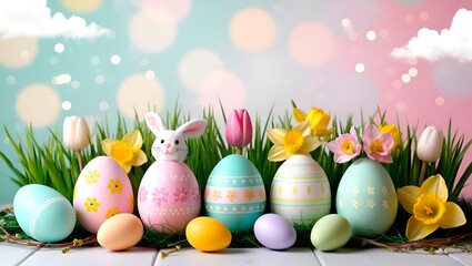 Easter composition on a delicate pastel background: painted eggs, Easter bunnies, spring flowers.