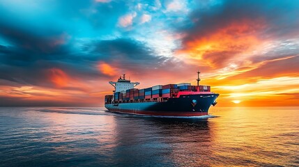 Obraz premium Cargo ship at sunset. Global trade and logistics concept.