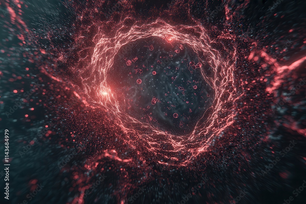 Poster a swirling, luminous red energy formation in a dark backdrop, suggesting motion and depth, creating 