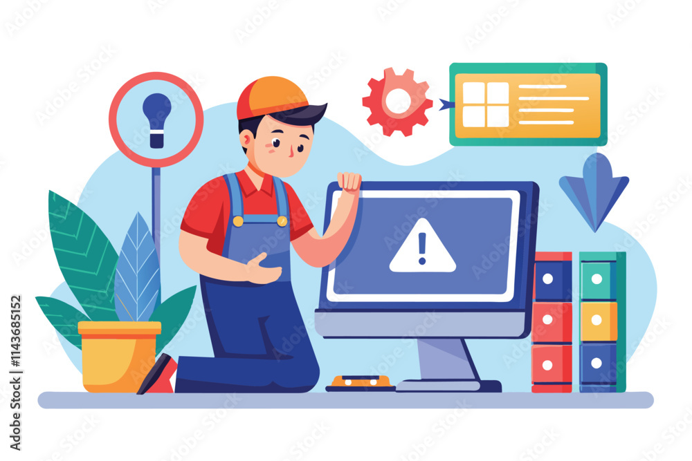 Poster a repairman is kneeling next to a computer displaying a page not found error, focusing on the issue 