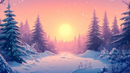 Fototapeta premium Winter Sunset in Snowy Pine Forest - Peaceful Landscape