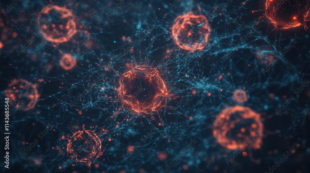 Aufkleber a vivid depiction of abstract cellular structures floating in a dark, cosmic background, highlightin