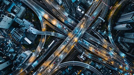 Illuminated Night Cityscape: Aerial View of Complex Highway Interchange